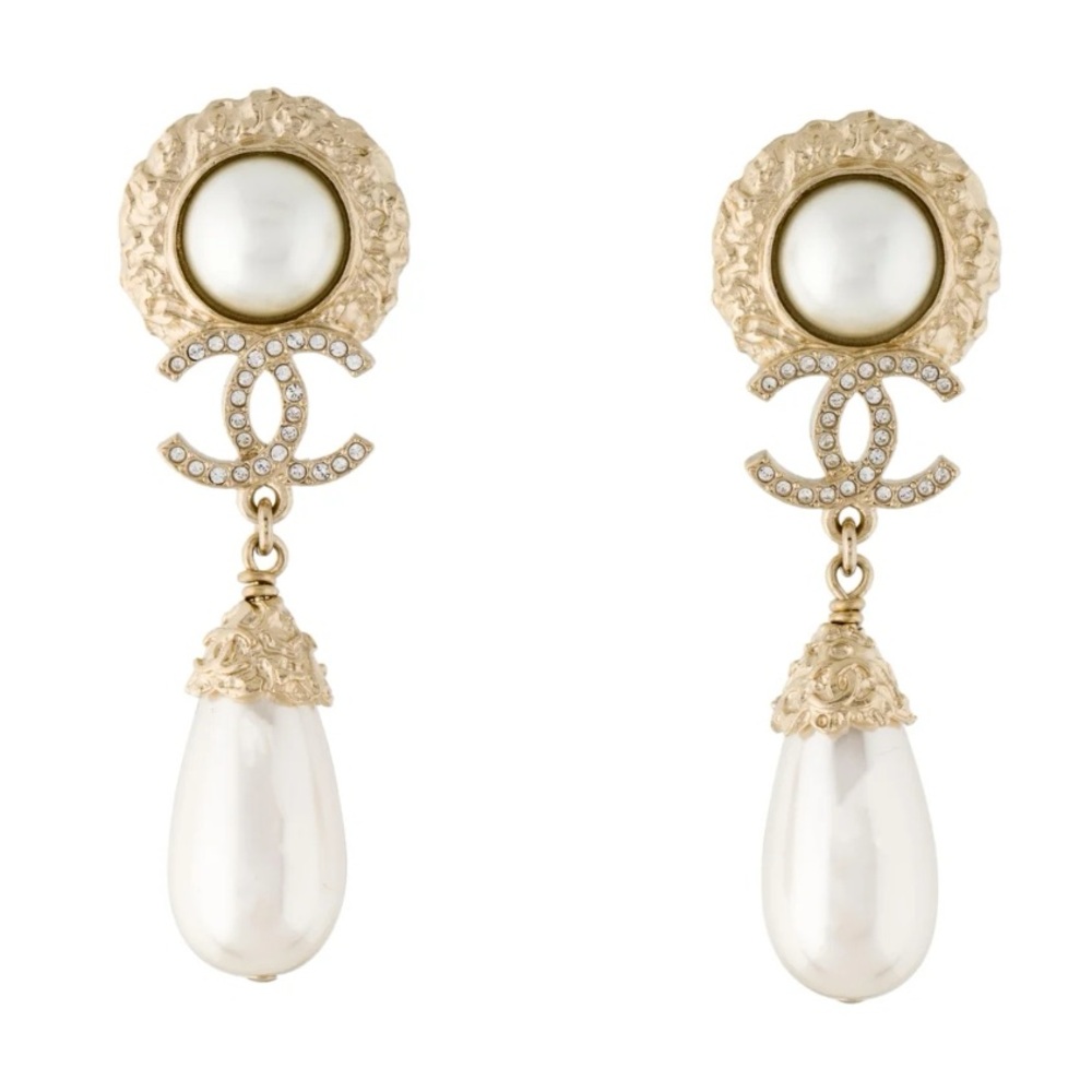 CHANEL CC Logo Gold and White Pearl Drop Earrings